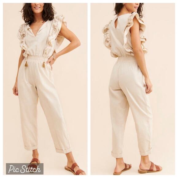 Especia Flora Tan Ruffle Embroidered Linen Jumpsuit - Picture 1 of 10